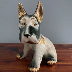 Vintage Porcelain Scottish Terrier Dog  Figurine Gold Trim 1950s Scotty Scottie